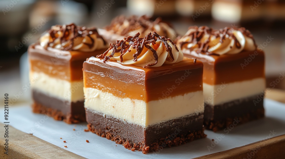 Mousse bars with layers of fudge and a crunchy base, arranged in a neat row with drizzled caramel, mousse bars fudge caramel, structured dessert design