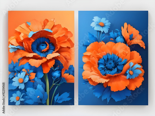 Set of three abstract floral art with blue and orange hue