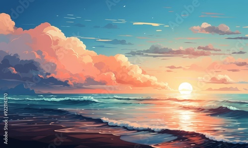 Sweeping ocean horizon flat design, side view, seascape vista, cartoon drawing, Splitcomplementary color scheme photo