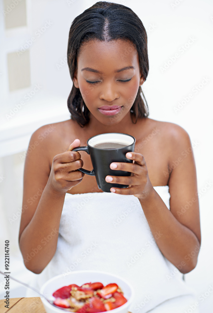 Black woman, breakfast and coffee in house for relax, morning routine and positive mood with warm drink. Female person, bliss and hot beverage in home as latte or tea for chilling, thinking and peace Black woman, breakfast and coffee in house for relax, morning routine and positive mood with warm drink. Female person, bliss and hot beverage in home as latte or tea for chilling, thinking and peace