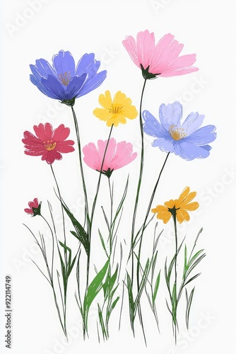 Watercolor Illustration of Colorful Cosmos Flowers