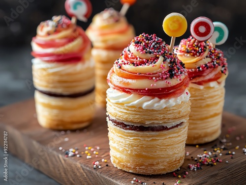 Strudel cups filled with layers of mousse and decorated with candycoated lollipops, served on a wooden board, strudel cups mousse lollipops, fun dessert innovation photo