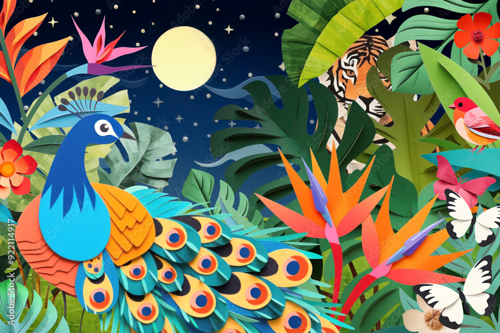 Exotic peacock bird in jungle, creative paper craft collage Exotic peacock bird in jungle, creative paper craft collage