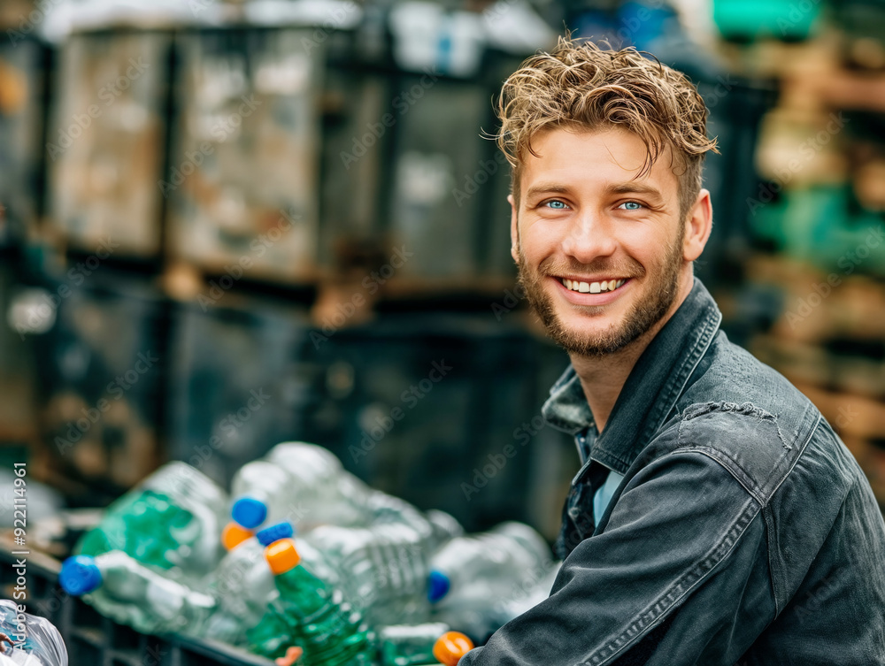 A man with a beard and blue eyes is smiling in front of a pile of plastic bottles. He is wearing a black jacket and he is happy