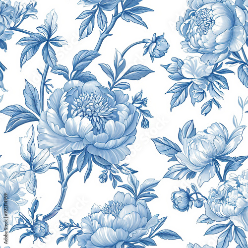Detailed Image Of French Toile Pattern Featuring Beautiful Light Blue Peony Flowers, Spaced Apart, Seamless Design, Pastel Colors, White Background, Classic Elegance Highlighted.
