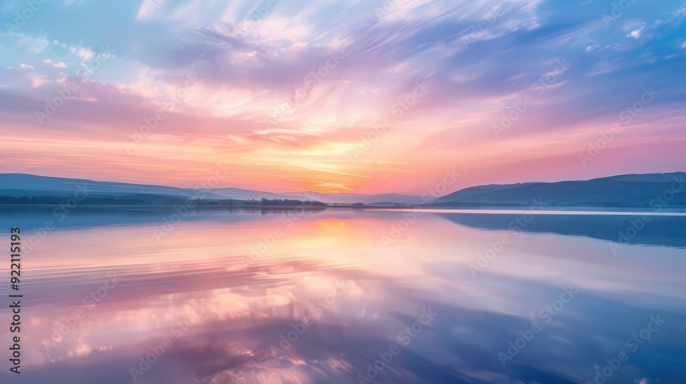 Fototapeta premium A calm lake reflecting a stunning sunrise, with the sky painted in pastel shades of pink, lavender, and blue