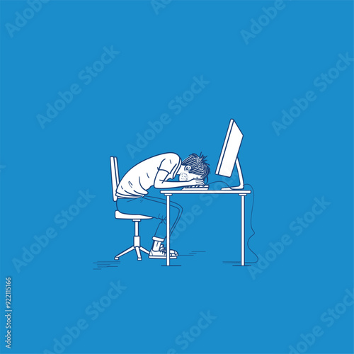 Office worker asleep at desk, head on keyboard.