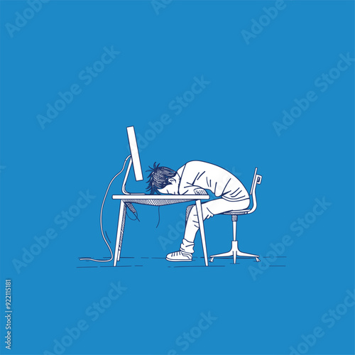 Office worker asleep at desk, head on keyboard.