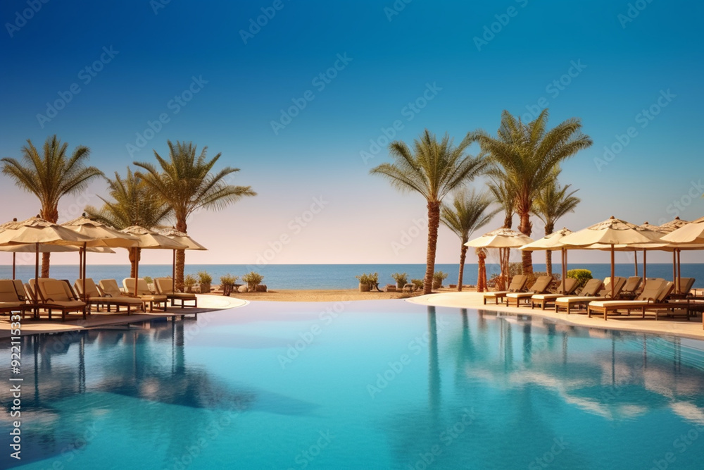 Luxurious beach resort with swimming pool and loungers umbrellas with palm trees Luxurious beach resort with swimming pool and loungers umbrellas with palm trees