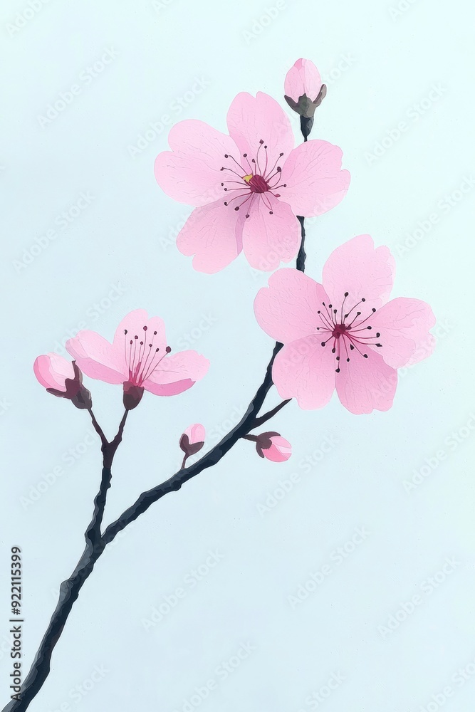 Fototapeta premium Pink Cherry Blossom Branch Against a Light Blue Background