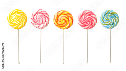 Set of lollipops, sucker with swirls, top view, flat lay, isolated on white background photo