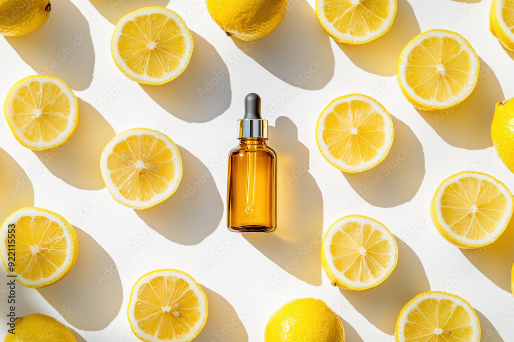 Pattern of lemon halves with vitamin c serum in amber bottle lying on white background under natural light Pattern of lemon halves with vitamin c serum in amber bottle lying on white background under natural light