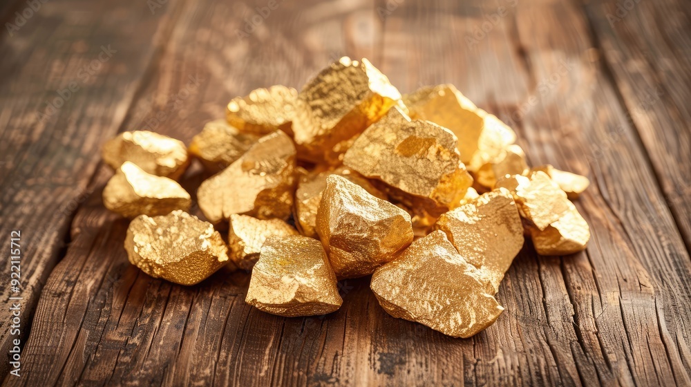 A cluster of shiny gold nuggets on a wooden surface, representing the discovery and value of success A cluster of shiny gold nuggets on a wooden surface, representing the discovery and value of success