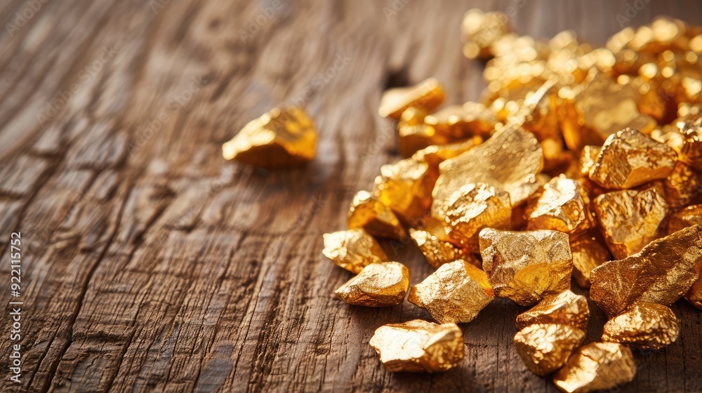 A cluster of shiny gold nuggets on a wooden surface, representing the discovery and value of success A cluster of shiny gold nuggets on a wooden surface, representing the discovery and value of success