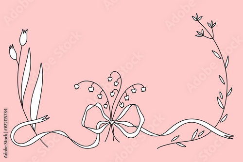Coquette pretty charming pink bow frame and bouquet of lilies of the valley wildflowers set. Wedding or engagement, birthday party floral botanical illustration, cute doodle flower decor, boho flat