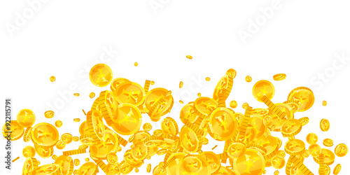 Japanese yen coins falling. Scattered gold JPY