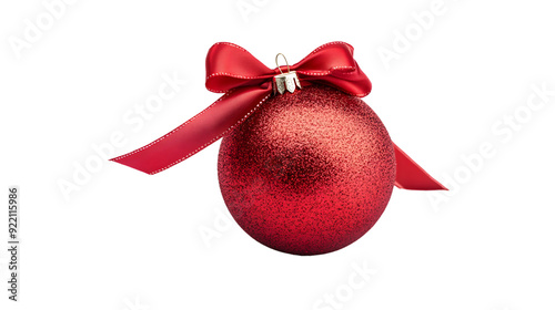 Red Christmas ball with ribbon and bow, isolated on white background