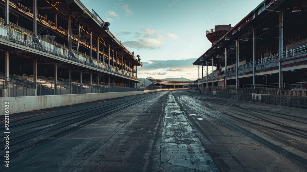 A deserted racetrack with empty grandstands, waiting for the excitement and energy of race day to return A deserted racetrack with empty grandstands, waiting for the excitement and energy of race day to return