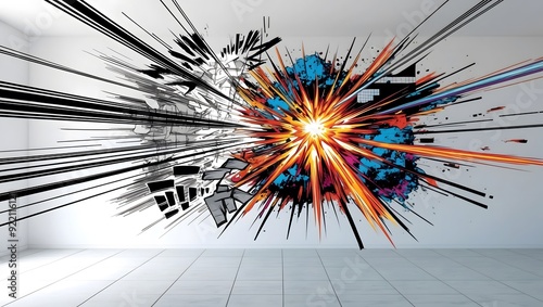 Dynamic manga-style explosion with vibrant colors on white wall