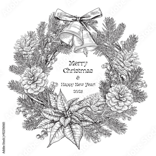 Christmas wreath with fir branches, bells, bow, poinsettia, pine cones, beries. Black and white. Vector vintage botanical illustration. Hand drawn Background for design greeting card, holiday decor