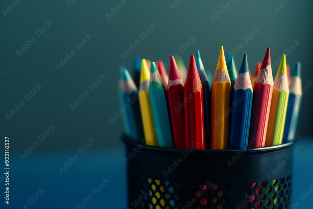 Fototapeta premium Colorful pencils in metal cup on plain background with copy space. Back to school concept