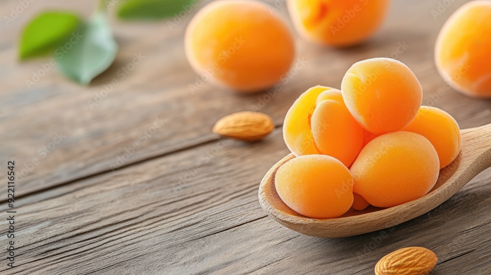 Apricot seeds and almonds rest on a wooden spoon beside ripe peaches and a large pit on a rustic table, beautifully illuminated by natural light Apricot seeds and almonds rest on a wooden spoon beside ripe peaches and a large pit on a rustic table, beautifully illuminated by natural light