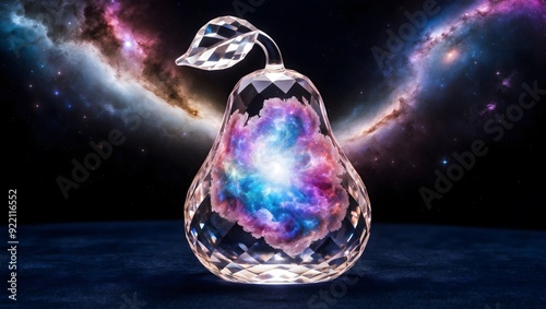 Crystal pear containing colorful nebula in a cosmic background
