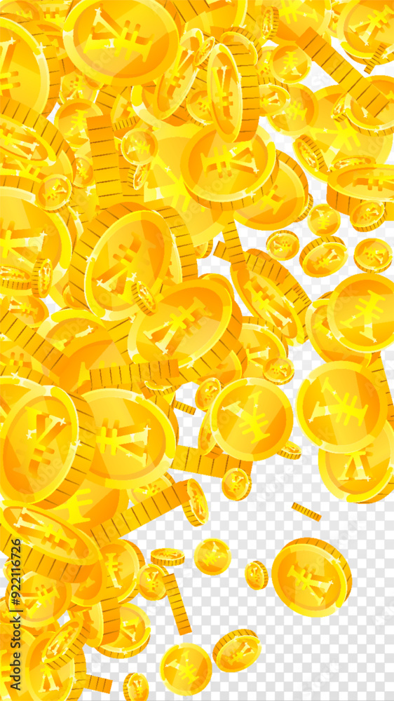 Chinese yuan coins falling. Scattered gold CNY Chinese yuan coins falling. Scattered gold CNY