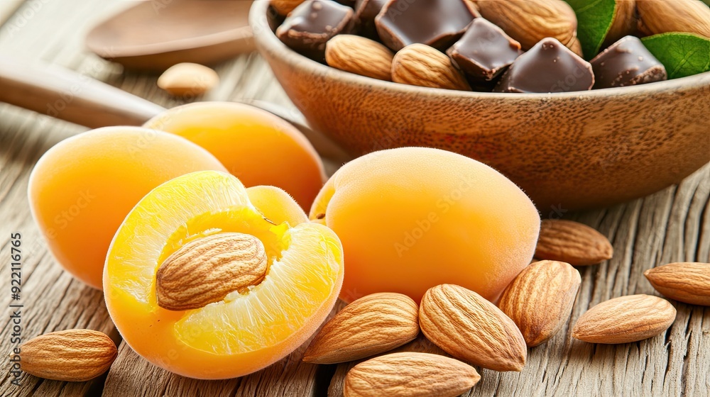 Apricot seeds and almonds rest on a wooden spoon beside ripe peaches and a large pit on a rustic table, beautifully illuminated by natural light Apricot seeds and almonds rest on a wooden spoon beside ripe peaches and a large pit on a rustic table, beautifully illuminated by natural light