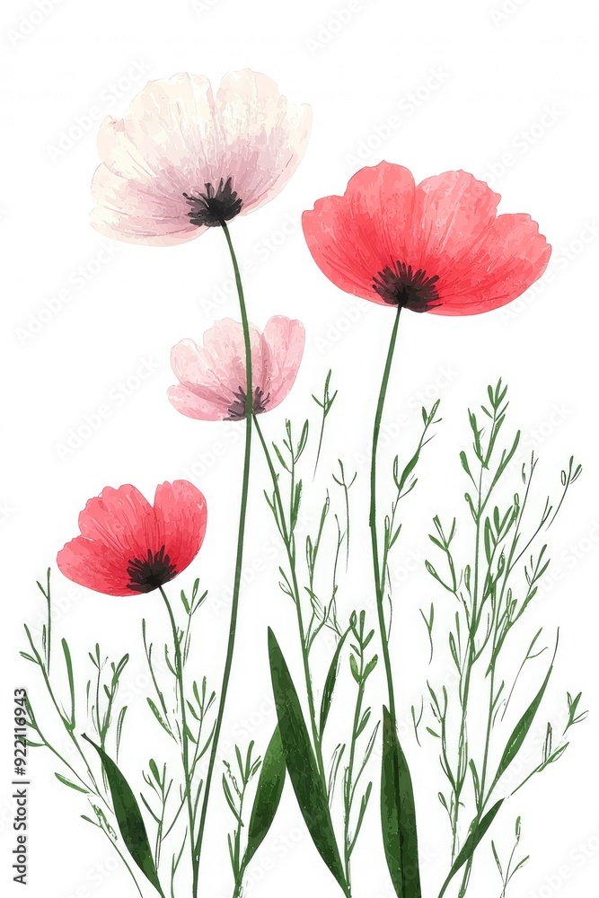 Fototapeta premium Watercolor Painting of Pink and Red Poppies with Green Foliage