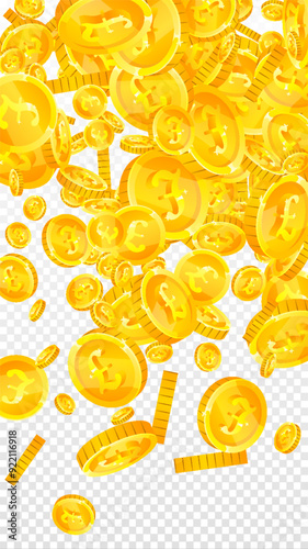 British pound coins falling. Scattered gold GBP