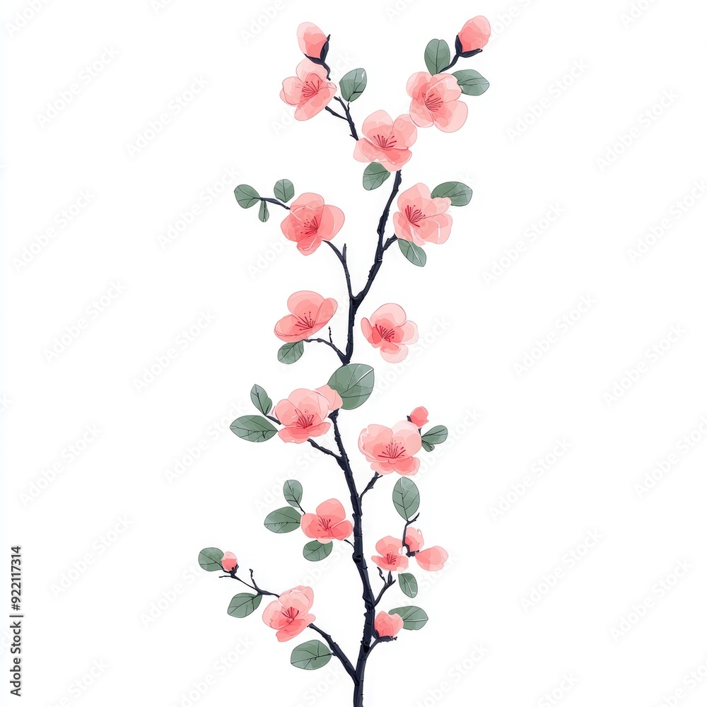 Delicate Pink Blossom Branch with Green Leaves Delicate Pink Blossom Branch with Green Leaves