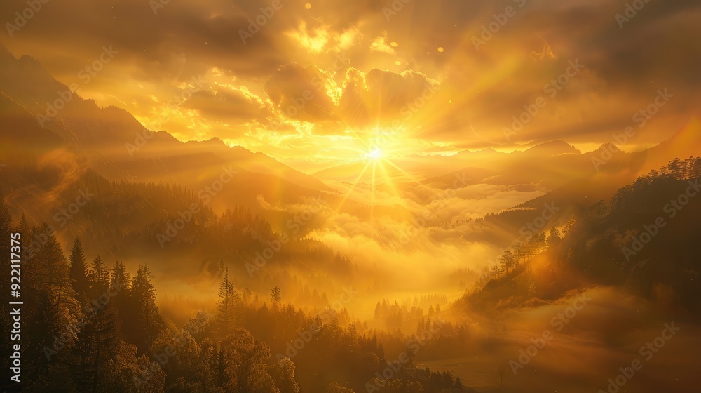 Obraz premium A golden sunrise over a misty valley, with rays of light illuminating the fog and creating a magical atmosphere