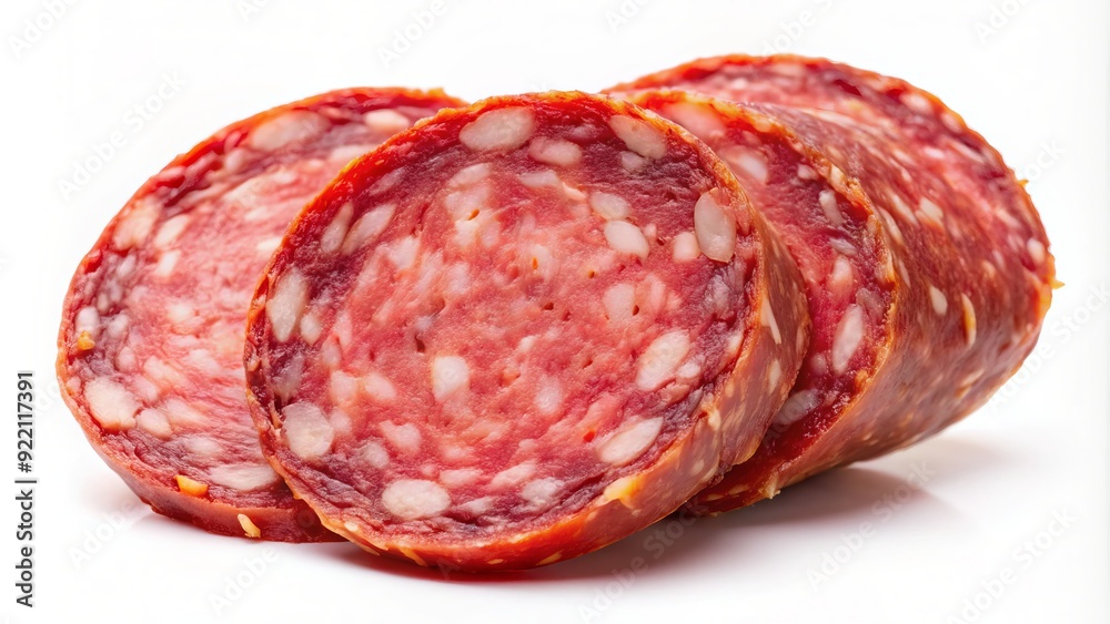 A succulent slice of salami stands alone on a white background, its intricate texture and vibrant red color popping against the clean isolation. A succulent slice of salami stands alone on a white background, its intricate texture and vibrant red color popping against the clean isolation.