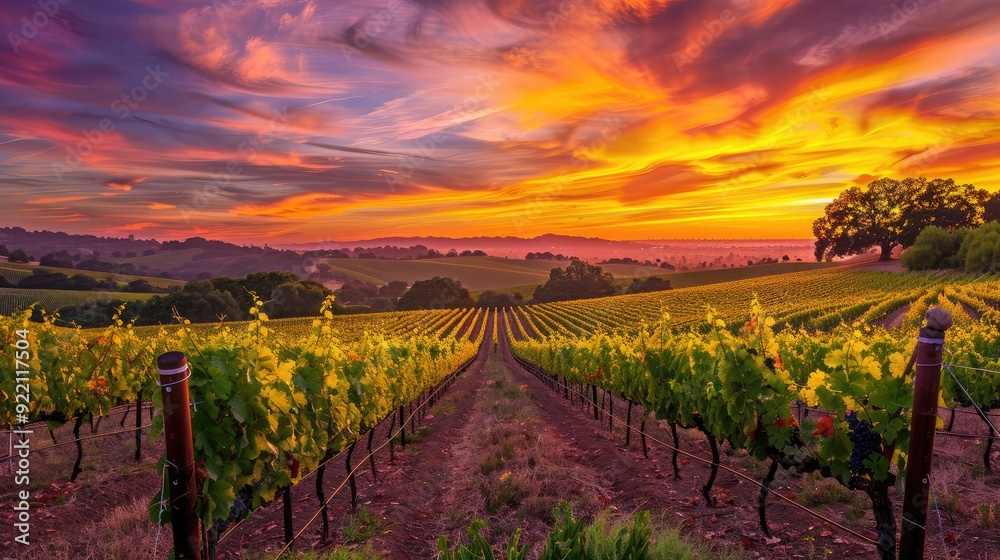 A golden sunset over a vineyard, with rows of grapevines stretching into the distance under a colorful sky A golden sunset over a vineyard, with rows of grapevines stretching into the distance under a colorful sky