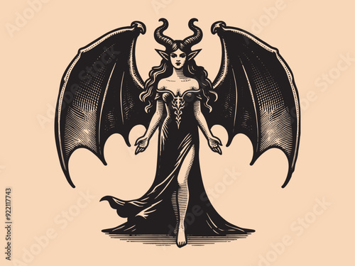 Beautiful horned demon woman with wings. Vintage old engraving illustration emblem, tattoo, print