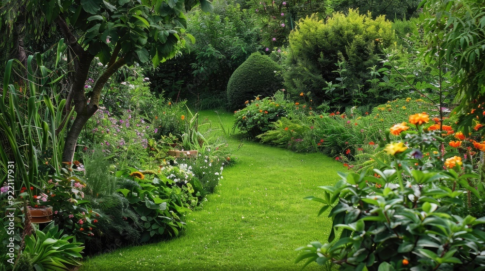A lush green garden with blooming flowers, representing growth, prosperity, and the fruits of success A lush green garden with blooming flowers, representing growth, prosperity, and the fruits of success