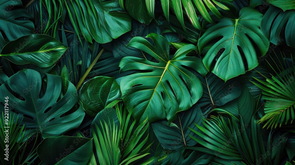A lush tropical leaf pattern background with vibrant greens and bold shapes, evoking a sense of nature and vitality A lush tropical leaf pattern background with vibrant greens and bold shapes, evoking a sense of nature and vitality