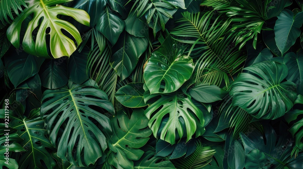 A lush tropical leaf pattern background with vibrant greens and bold shapes, evoking a sense of nature and vitality A lush tropical leaf pattern background with vibrant greens and bold shapes, evoking a sense of nature and vitality