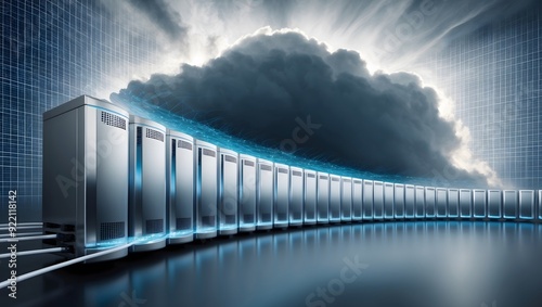 Row of sleek data servers beneath a dramatic cloud in a futuristic data center