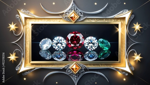 Ornate Jewelry Display with Gemstones in an Elegant Frame