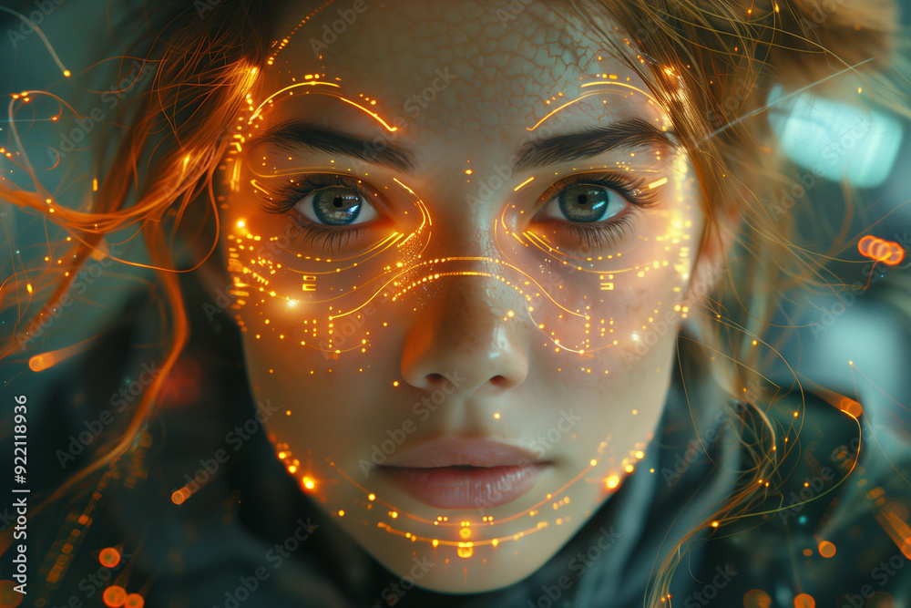 A woman with glowing holographic projections on her face that look like glasses. A woman with glowing holographic projections on her face that look like glasses.