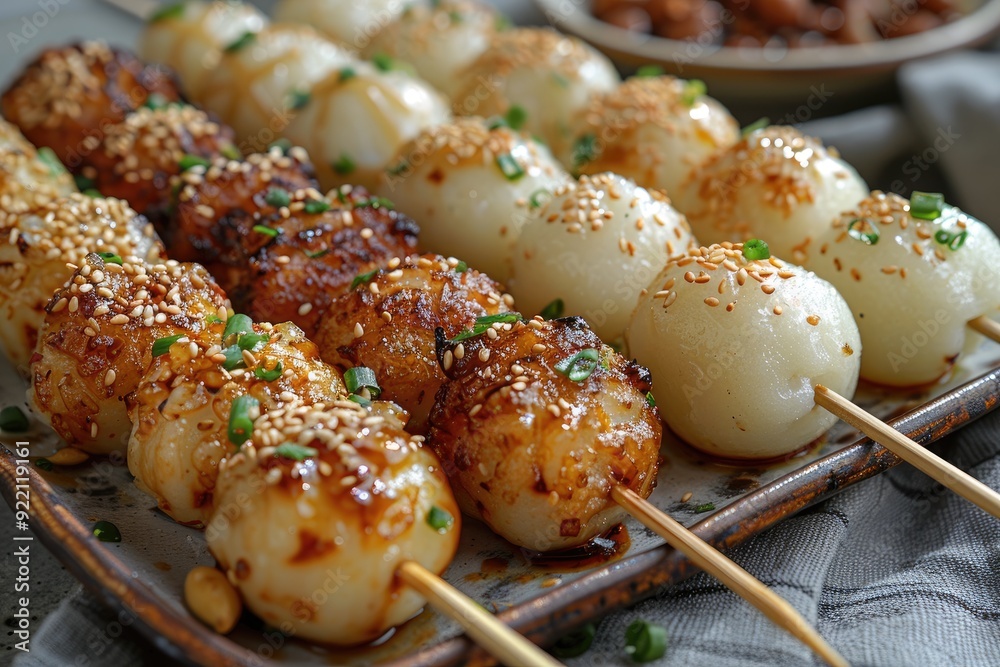 Grilled Mochi Balls Topped with Sesame Seeds and Green Onions Grilled Mochi Balls Topped with Sesame Seeds and Green Onions