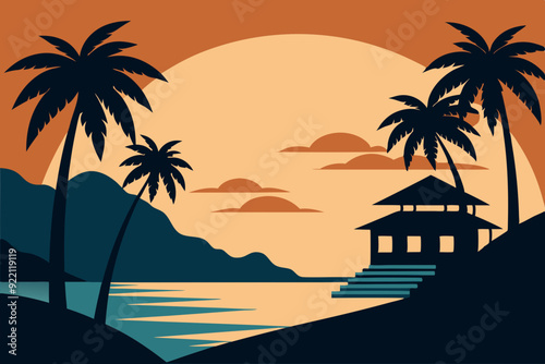 Tropical island and beach house silhouette clipart black and white vector art style illustration