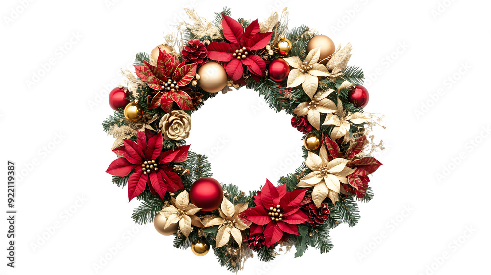 Opulent Christmas wreath in red and gold with flowers and golden balls, isolated on white background Opulent Christmas wreath in red and gold with flowers and golden balls, isolated on white background