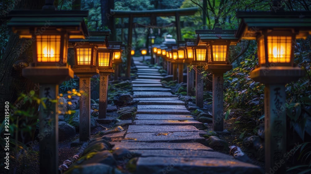 Fototapeta premium A pathway illuminated by lanterns, symbolizing the journey to success guided by wisdom and clarity