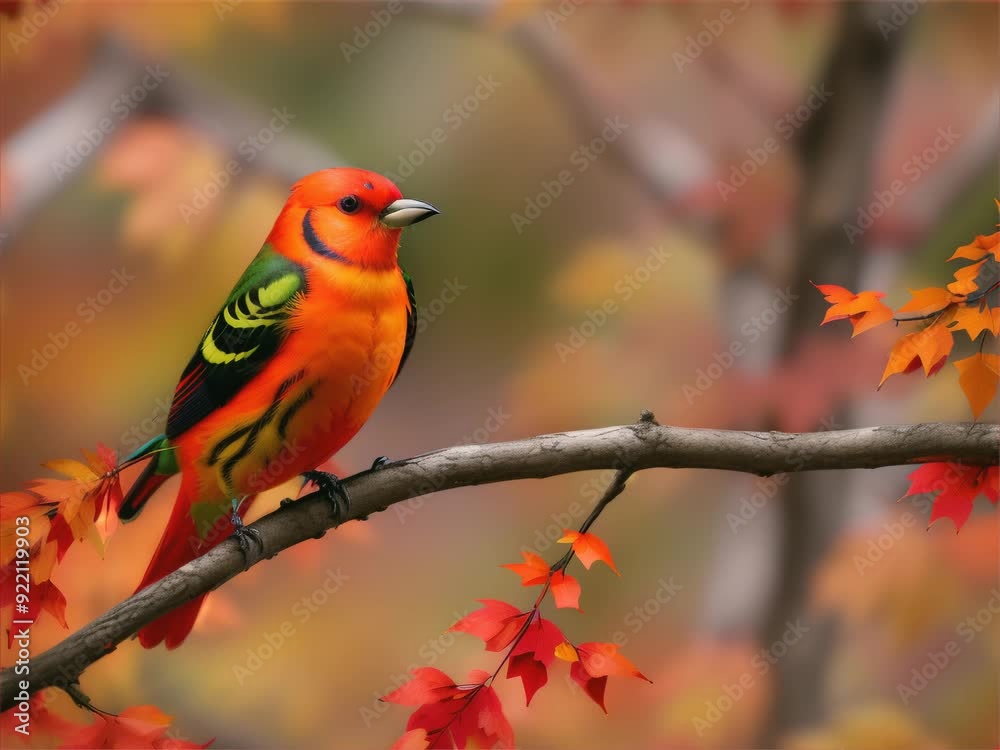 Illustrate a Scarlet Tanager resting on a branch covered in red and orange leaves, blending in with the autumn scenery Illustrate a Scarlet Tanager resting on a branch covered in red and orange leaves, blending in with the autumn scenery