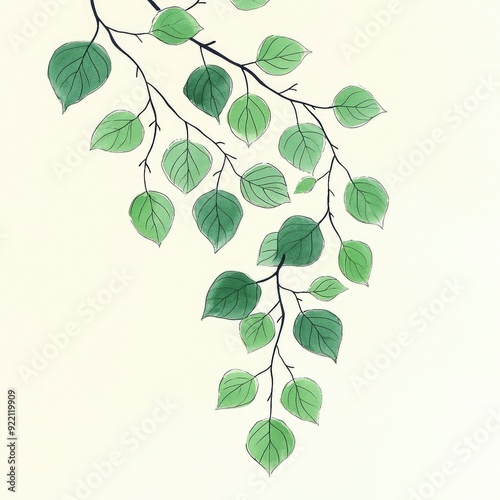 Watercolor Illustration of a Branch with Green Leaves