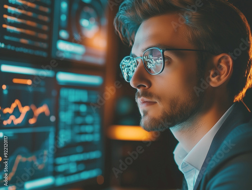 A man wearing glasses observes complex data charts on high-tech monitors, symbolizing the intersection of technology, finance, and data-driven decision making.