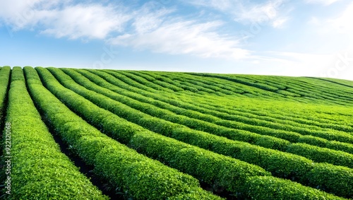 Vibrant green tea plantation under bright blue sky, rolling hills